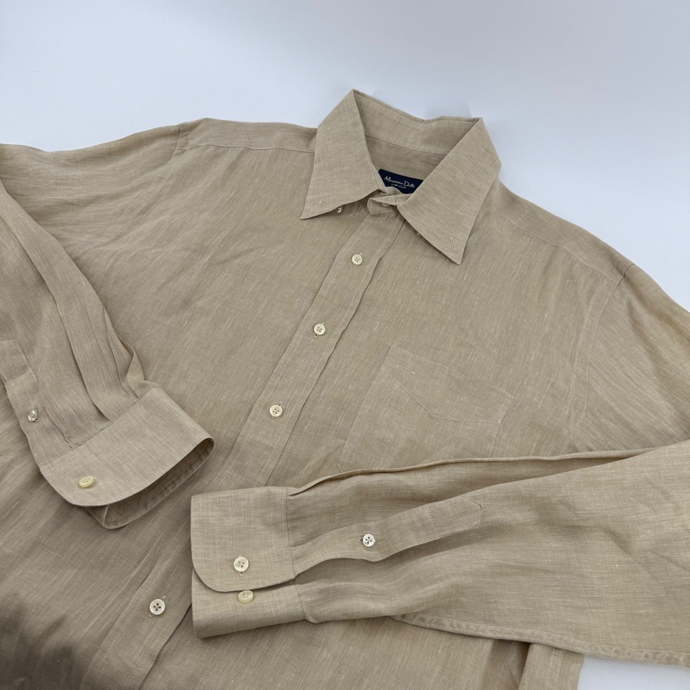 Massimo Dutti Mens Tan 100% Linen Long Sleeve Button Down Shirt Size 44 Spain